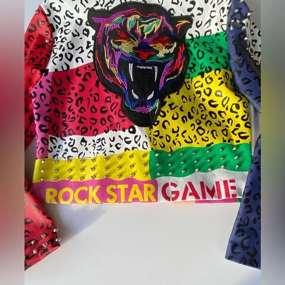 AZALEA WANG Studded Moto Jacket, Wonka Colors Rock Star Game Moto Jacket Sz: XL - Picture 11 of 16